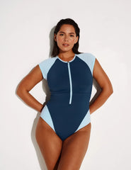 Cap-Sleeve One Piece Swimsuit - Color Block