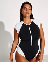 Leakproof Cap-Sleeve One Piece Swimsuit - Color Block